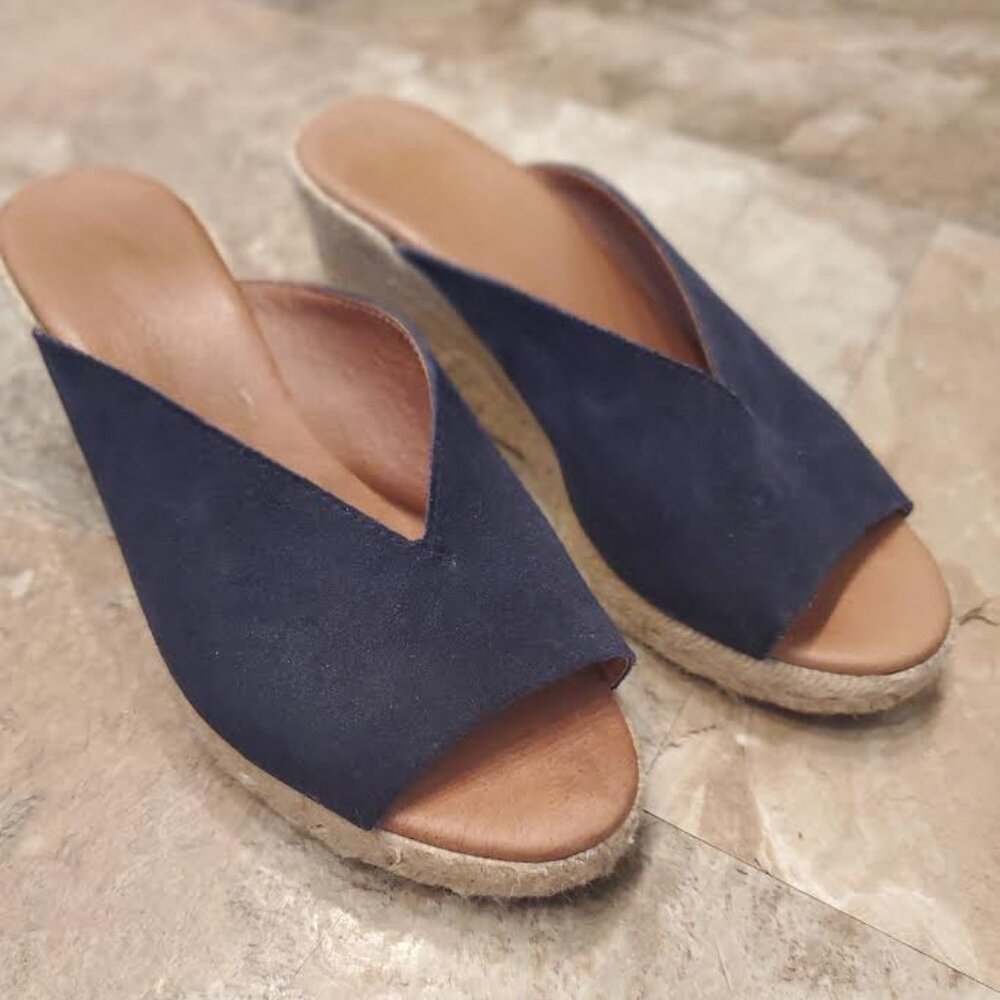 Navy Blue Size 6.5 Suede Open Toe Wedge Slide/Mule Sandals
